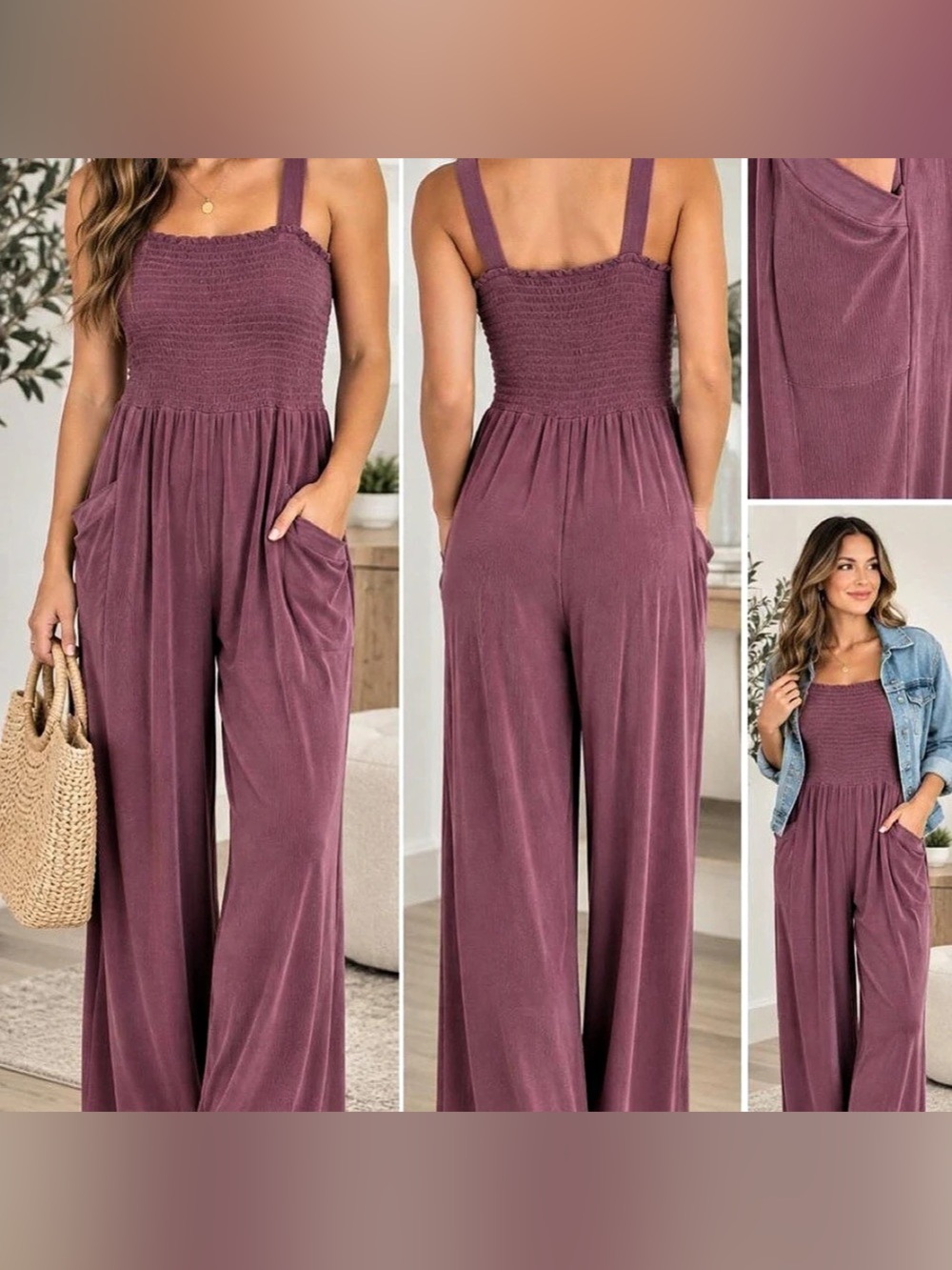 Anthropologie Smocked Wide-Leg Jumpsuit in Purple